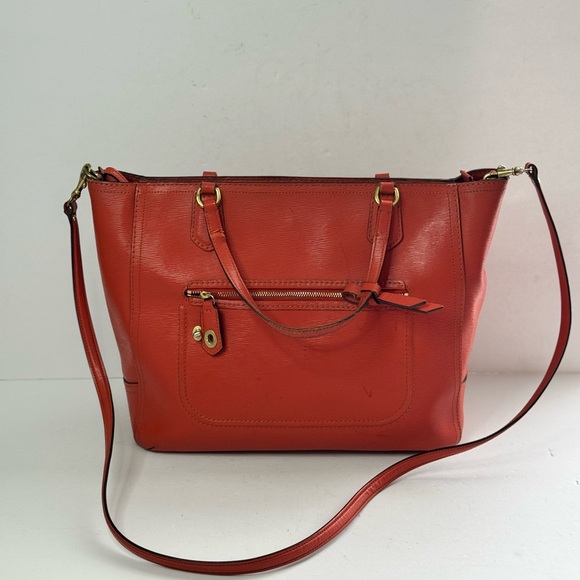 Coach Textured Leather Poppy Bow Shoulder Tote Desert Sky Orange - Picture 1 of 15